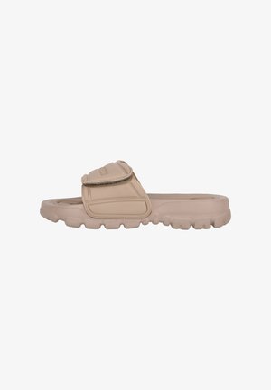Beige slide sandal with a textured upper, a padded strap, and a thick, grooved sole for traction. Features minimalistic design details.