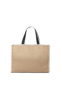 Tote bag van beige synthetisch materiaal met een zachte witte voering; voorzien van korte zwarte handvatten en een rechthoekige vorm.