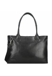 Zwarte leren tote bag met twee handvaten, een afneembare schouderriem, een zachte textuur en een subtiele logo-patch aan de voorkant.