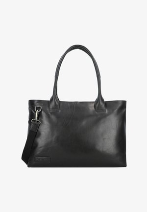 Schwarze Leder-Tragetasche mit zwei Griffen, einem abnehmbaren Schultergurt, glatter Textur und einem dezenten Logopatch auf der Vorderseite.