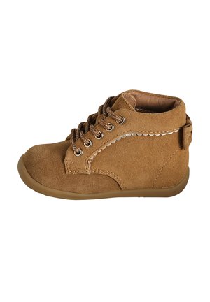 Brown suede toddler boot with lace-up front, scalloped trim, and rubber sole, shown in side view on white background.