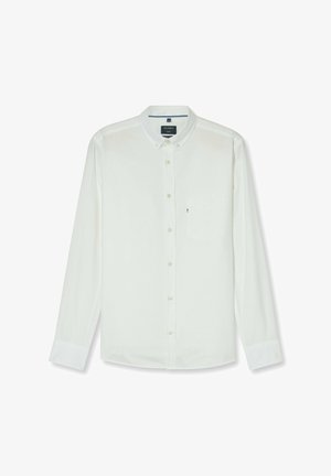 Witte lange mouw blouse met knopen en kraag, enkele borstzak en een gladde textuur. Bevat subtiele tonale stiksels en witte knopen.