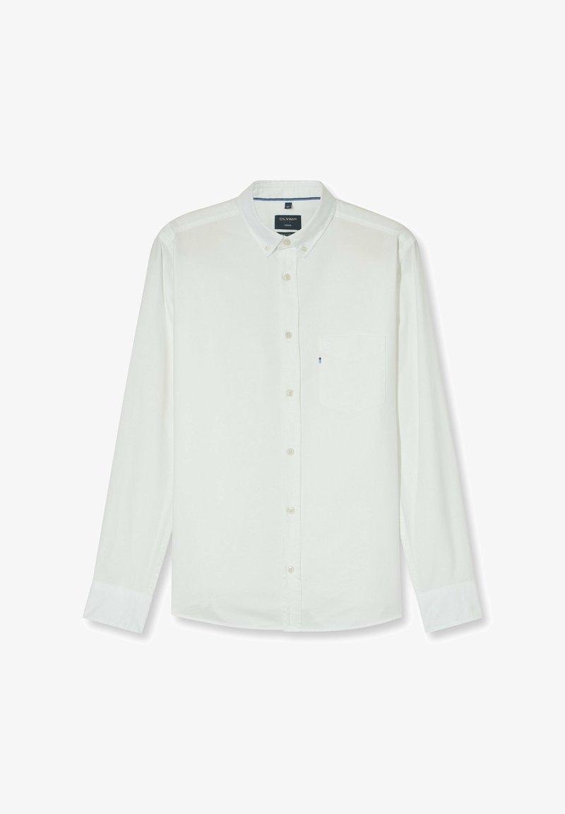 Witte lange mouw blouse met knopen en kraag, enkele borstzak en een gladde textuur. Bevat subtiele tonale stiksels en witte knopen.