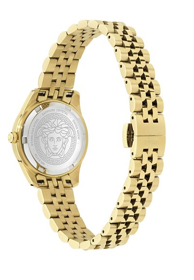 Arany színű rozsdamentes acél óra, nyolcszögletű tok, zafír kristály és láncszerű karkötő kialakítással. Figyelemre méltó Medúza embléma a hátlapon.