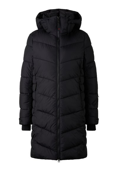 Schwarze Steppjacke mit Kapuze, vorderem Reißverschluss, Zickzack-Quiltmuster und seitlichen Taschen. Hergestellt aus isoliertem Stoff.