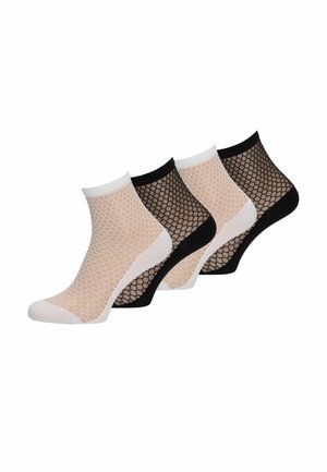 Vier enkellange netkousen in afwisselend zwarte en witte kleuren, weergegeven in een verspringende rij op een witte achtergrond.