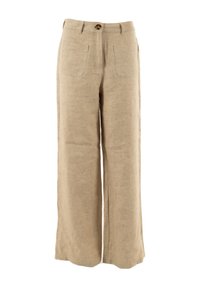 Pantaloni larghi in lino beige con chiusura a bottone, due tasche frontali e una superficie liscia. Taglio dritto dalla vita all'orlo.