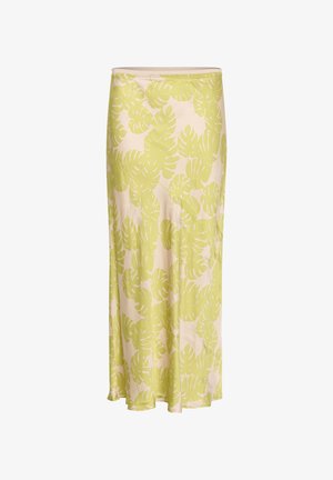 Roheline lehekujuline seelik, mis on valmistatud kerge kangaga. Omab siledat tekstuuri, põrandapikkust disaini ja elastset vöökohta mugavuse tagamiseks.