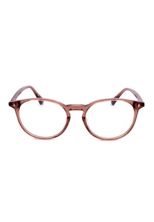 Montature per occhiali rotonde di colore marrone traslucido con lenti trasparenti, posizionate su uno sfondo bianco.