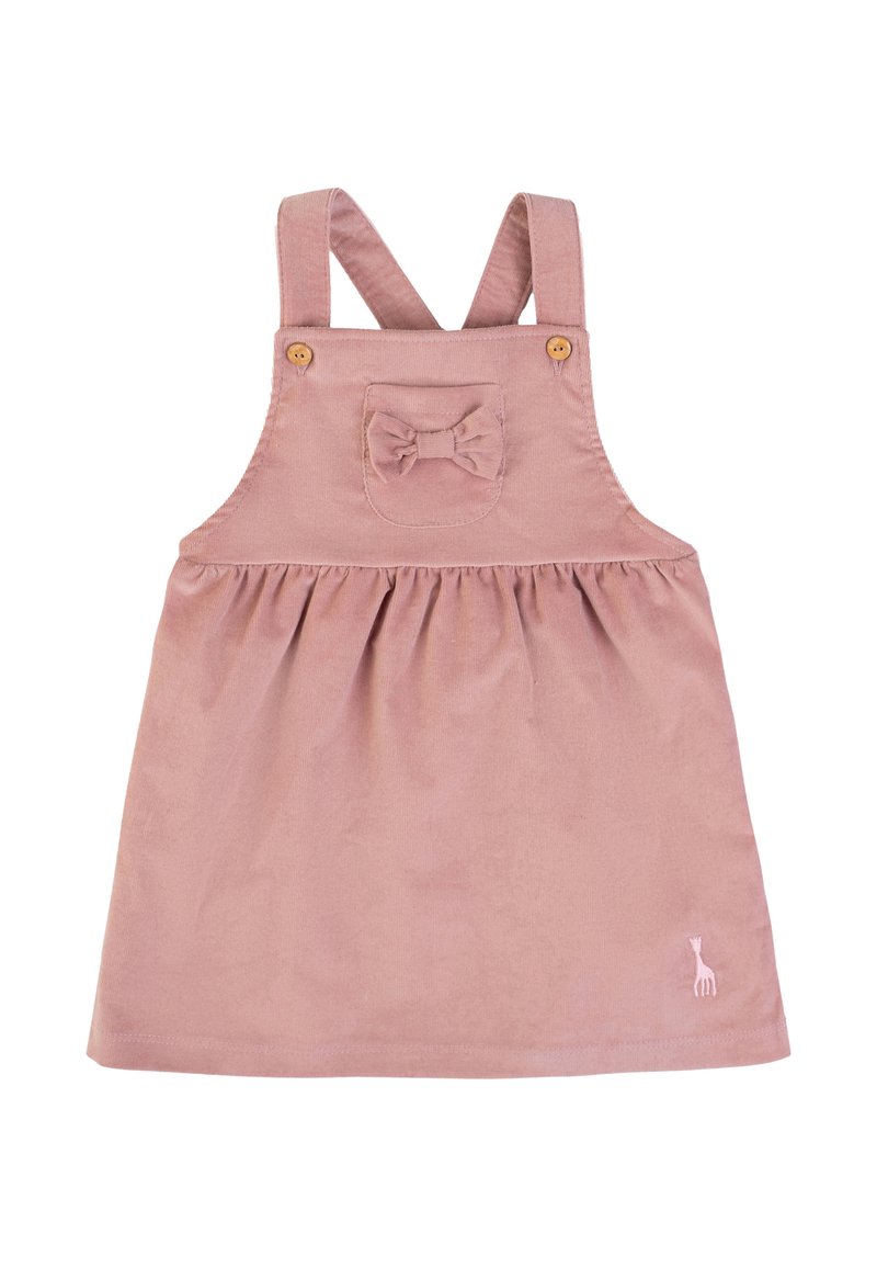 Rosa Corduroykleid mit verstellbaren Trägern, geraffter Taille, Vordertasche mit Schleifendetail und gesticktem Giraffenlogo am Saum.