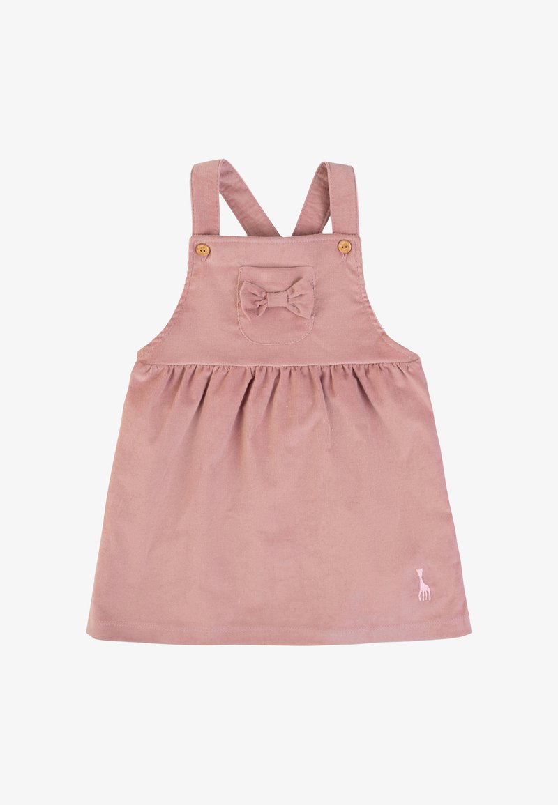 Abito in velluto a coste rosa con spalline regolabili, vita arricciata, tasca frontale con dettaglio a fiocco e logo di giraffa ricamato sull'orlo.