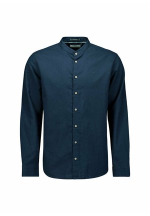 Marineblauwe blouse met lange mouwen en een mao-kraag, met knoopsluiting aan de voorkant en een subtiele textuur. Voorzien van contrasterende lichte knopen.