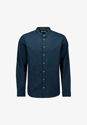 Navyblaue Langarmbluse mit Stehkragen, vorn mit Knopfverschluss und einer dezenten Textur. Verfügt über kontrastierende helle Knöpfe.