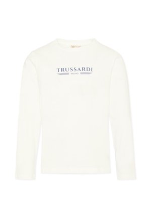 Witte longsleeve met ronde hals en de blauwe tekst "TRUSSARDI MILANO" op de borst, weergegeven op een effen achtergrond.