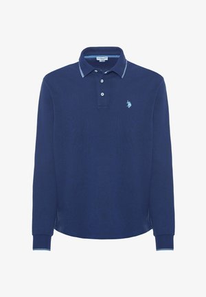 Polo a maniche lunghe colore blu marino con colletto, tre bottoni e dettagli azzurri leggeri su colletto e polsini. Presenta un piccolo logo ricamato.