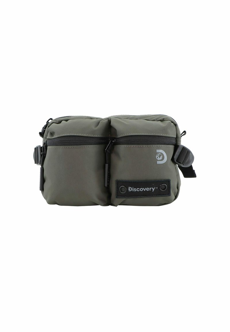 Olivgrüne Nylon-Crossbody-Tasche mit zwei Reißverschlussfächern, verstellbarem Gurt und Etikett mit dem "Discovery"-Logo.