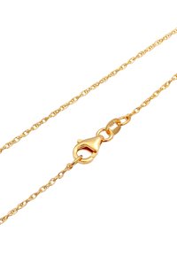 Collana in metallo color oro con un design a catena fine, dotata di chiusura a moschettone e contrassegnata '925' vicino alla chiusura.