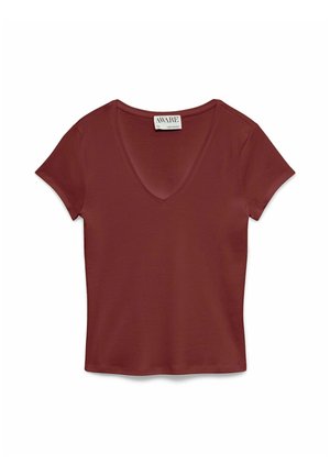 Short-sleeve, deep V-neck fitted t-shirt in rust brown with "AWARE" label at the neckline, displayed on white background.