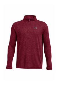 Maroon long-sleeve pullover with a half-zip collar. Features a textured fabric and an embroidered logo on the left chest.