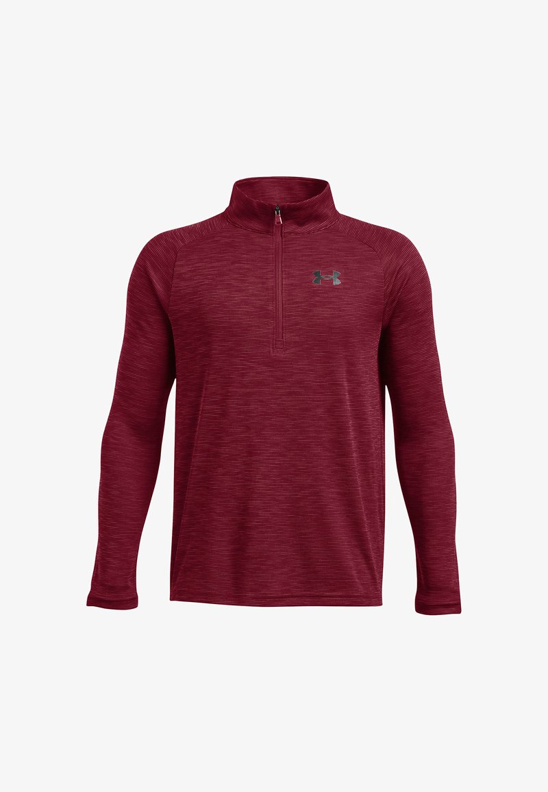 Maroon long-sleeve pullover with a half-zip collar. Features a textured fabric and an embroidered logo on the left chest.