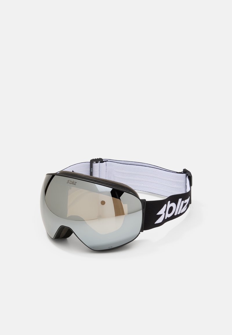 Ski goggles with a dark lens, black and white adjustable strap, and a sleek, aerodynamic design. Anti-fog and UV protection features included.