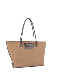 Sac fourre-tout en toile marron avec des anses en cuir marron foncé et une poche frontale étiquetée "Lancaster Paris".