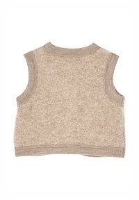 Maglione smanicato beige in un morbido tessuto lavorato a maglia dalla texture soffice. Presenta una scollatura arrotondata e bordi a coste, con colore uniforme e senza motivi.