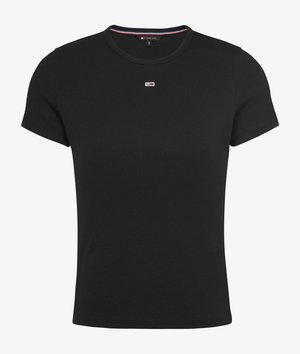 Zwarte shirt met korte mouwen van ribkatoen, voorzien van een ronde halslijn en een klein logo-accent op de borst. Maat S.
