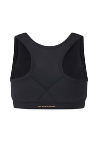 Sort racerback sports-bh med brede stropper og et gyldent "Swedemount" logo nederst på midten af ryggen.