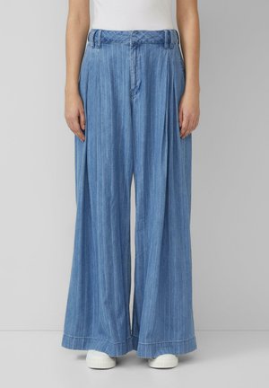 Light blue, wide-leg denim pants with vertical stripes, pleated front, and a textured waistband. Finished with a standard hem and slight flare.
