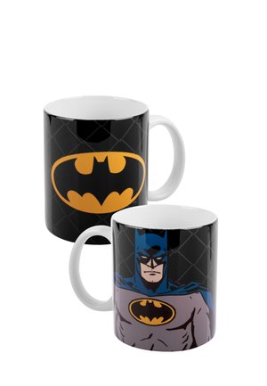 Two black mugs with white handles, one showing a yellow Batman logo, the other showing Batman character with logo on chest.