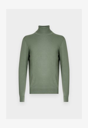 Grüner langärmliger Rollkragenpullover mit geripptem Kragen, Bündchen und Saum, dargestellt vor einem neutralen grauen Hintergrund.