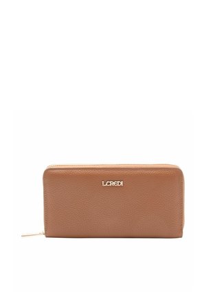 Brown textured leather zip-around wallet with gold L.CREDI logo centered on front and gold zipper pull.