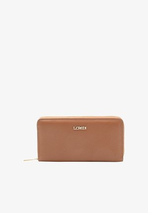 Brown textured leather zip-around wallet with gold L.CREDI logo centered on front and gold zipper pull.
