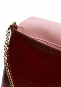 Primo piano di una borsa a tracolla in pelle rossa scura e lucida, con patta in suede rosa pallido e tracolla in metallo dorato fissata da un gancio.