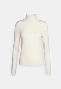 Cream turtleneck sweater made of soft knit fabric. Fitted design with long sleeves and ribbed collar detailing. Smooth texture.