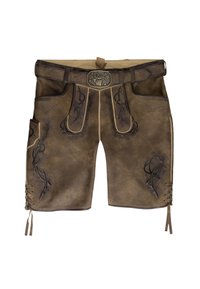 Shorts de cuero marrón con intrincados bordados de cuernos, una hebilla metálica decorativa, bolsillos laterales y detalles de cordones en los lados.