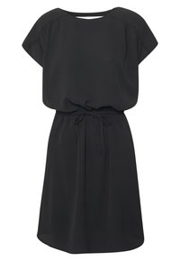 Robe noire à coupe ample, manches courtes, et taille à cordon. Tissu lisse et léger ; encolure arrondie avec une légère ouverture dans le dos.