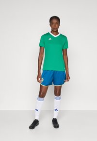 Femme debout en maillot de football vert Adidas, shorts bleus avec l'emblème de la Suède, chaussettes blanches jusqu'aux genoux et chaussures à crampons noires sur fond uni.