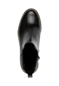 Botte chelsea en cuir noir avec une texture lisse, bout rond, fermeture éclair sur le côté et détails cousus le long de la semelle.