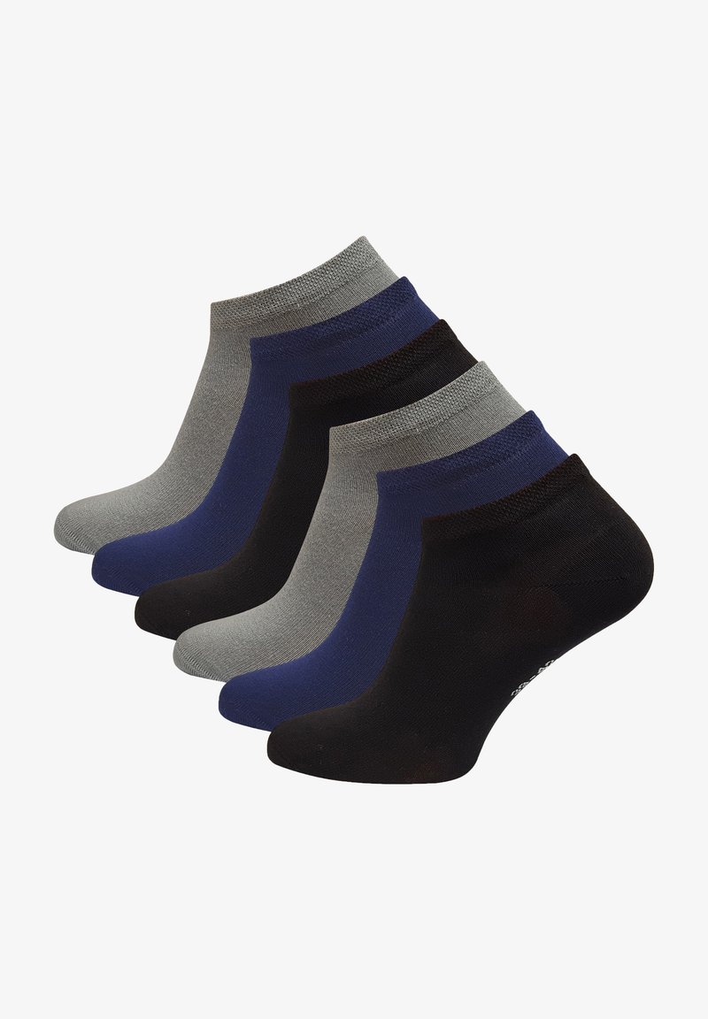 Set di sei calzini alla caviglia in grigio, blu navy e nero. Realizzati in tessuto morbido con polsini a coste e una texture liscia.