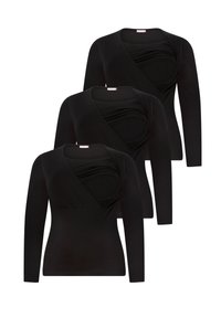 Black long-sleeve tops featuring a wrap design and textured draping at the neckline. Made from a soft, stretchy fabric. Set of three.