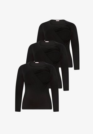 Schwarze Langarmshirts mit Wickeldesign und strukturiertem Drapée am Ausschnitt. Hergestellt aus einem weichen, elastischen Stoff. Set mit drei Teilen.