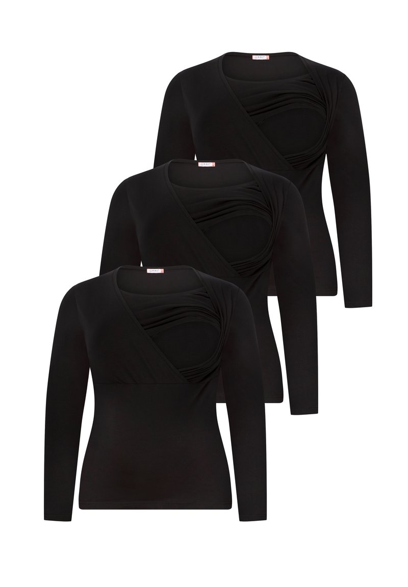 Black long-sleeve tops featuring a wrap design and textured draping at the neckline. Made from a soft, stretchy fabric. Set of three.