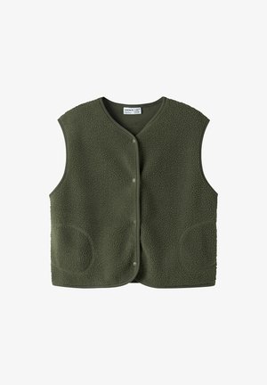 Veste sans manches en polaire vert olive avec boutons pression sur le devant et poches plaquées arrondies de chaque côté.