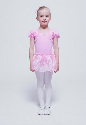 Pink ballet dress with puffed sleeves, sheer skirt overlay, white tights, and soft ballet shoes. Hair styled with a pink bow.