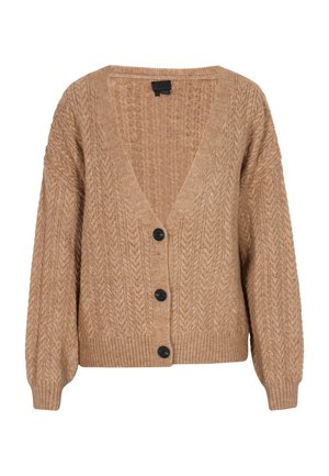 Beige Strickjacke mit V-Ausschnitt, strukturiertem Muster, langen Ärmeln und fünf dunkelgrauen Knöpfen auf der Vorderseite. Gerippter Saum und Bündchen.