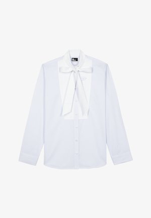 Camisa de botones a rayas en azul claro y blanco con cuello de corbata y bolsillo en el pecho. Tejido de algodón, mangas largas y diseño de ajuste regular.