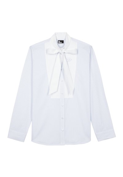 Striped button-up shirt in light blue and white with a tie collar and chest pocket. Cotton fabric, long sleeves, and regular fit design.