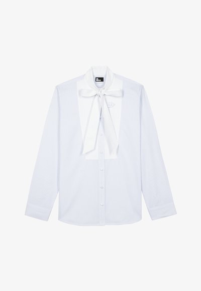 Striped button-up shirt in light blue and white with a tie collar and chest pocket. Cotton fabric, long sleeves, and regular fit design.